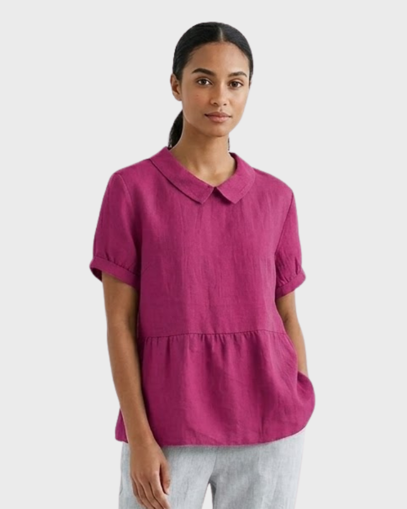 Madeline Blusa Mujer Algodón Lino – Blusa Manga Corta con Cuello Clásico Casual