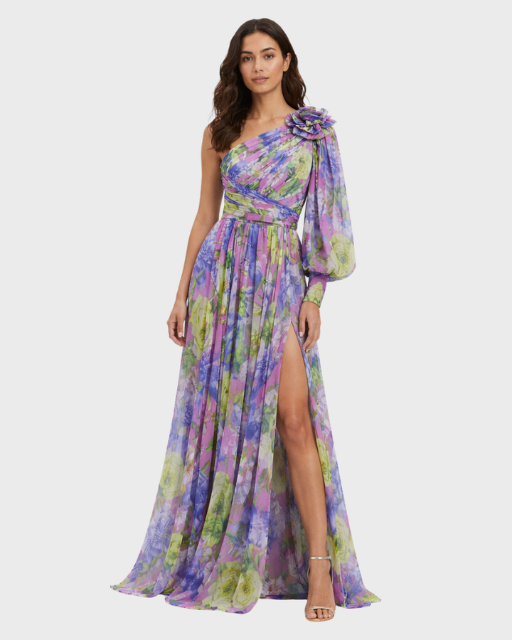 Audrey Vestido de Mujer con Un Solo Hombro Floral – Vestido Elegante Fluido de Verano Chic