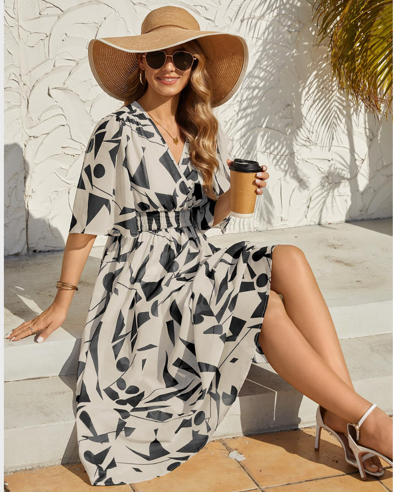Aurora Rochie Maxi Damă – Boho Floral, Decolteu în V & Talie Elastică Elegantă