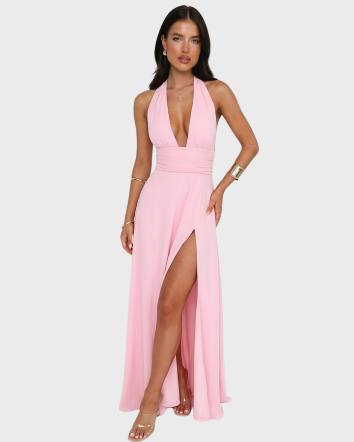 Angel Vestido Maxi Elegante para Mujer – Vestido Halter con Escote Profundo y Abertura Alta