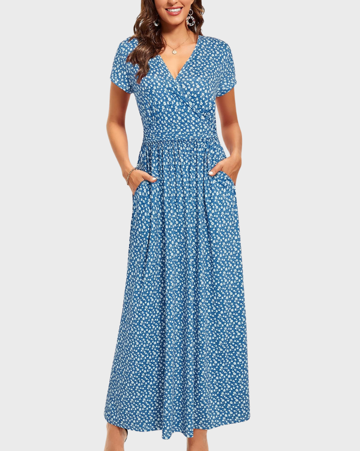 Vestido Maxi Alessia para Mujer – Escote en V, Cruzado Floral y Bolsillos Elegantes Casual