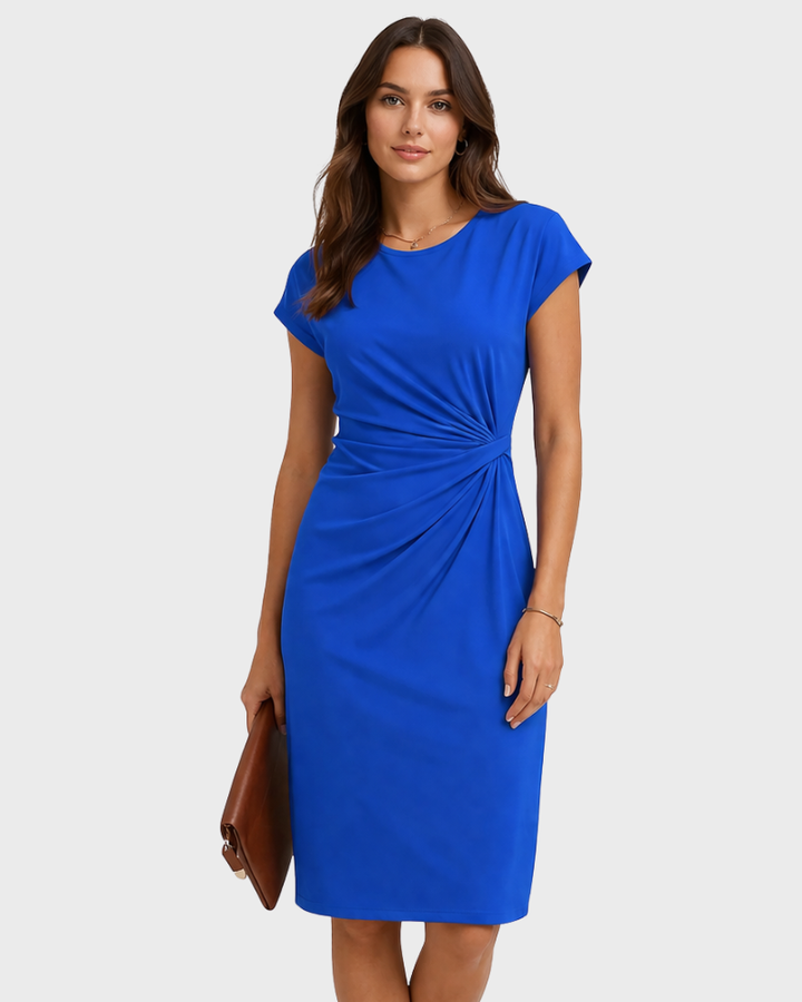 Dana Rochie Damă Elegantă Midi – Rochie cu Guler Rotund, Talie Evidențiată și Drapaj Lateral