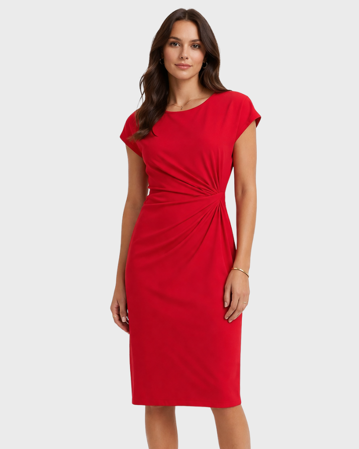 Dana Rochie Damă Elegantă Midi – Rochie cu Guler Rotund, Talie Evidențiată și Drapaj Lateral