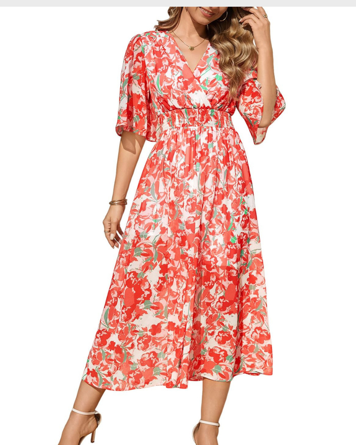 Aurora Rochie Maxi Damă – Boho Floral, Decolteu în V & Talie Elastică Elegantă