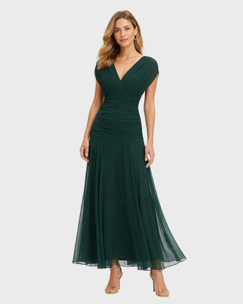 Dina Vestido Mujer Maxi Bohemio Elegante – Vestido con Escote Cruzado y Falda Plisada