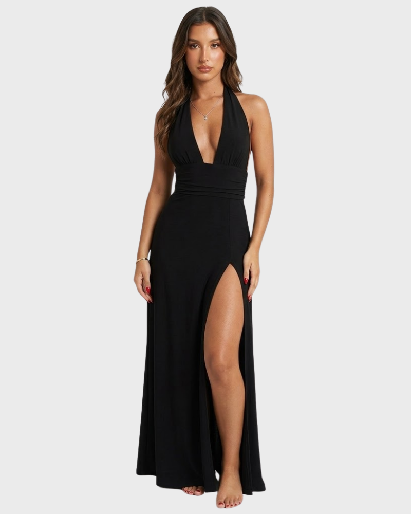 Angel Vestido Maxi Elegante para Mujer – Vestido Halter con Escote Profundo y Abertura Alta