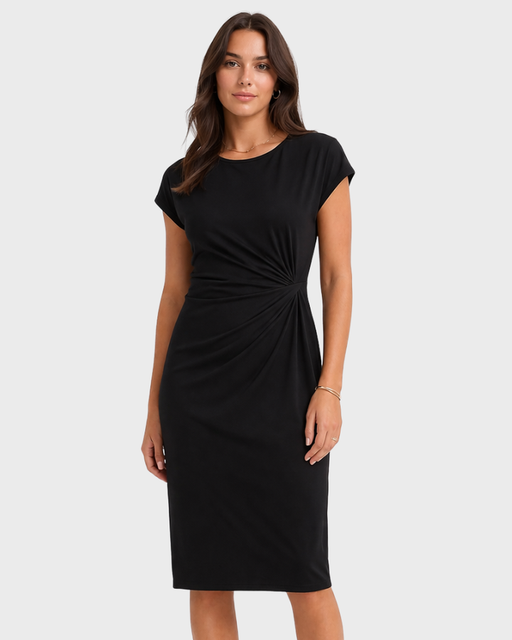 Dana Rochie Damă Elegantă Midi – Rochie cu Guler Rotund, Talie Evidențiată și Drapaj Lateral