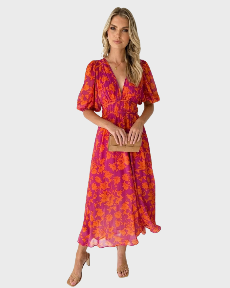 Asun Robe Femme Midi Florale – Robe avec Col en V et Manches Bouffantes Élégante
