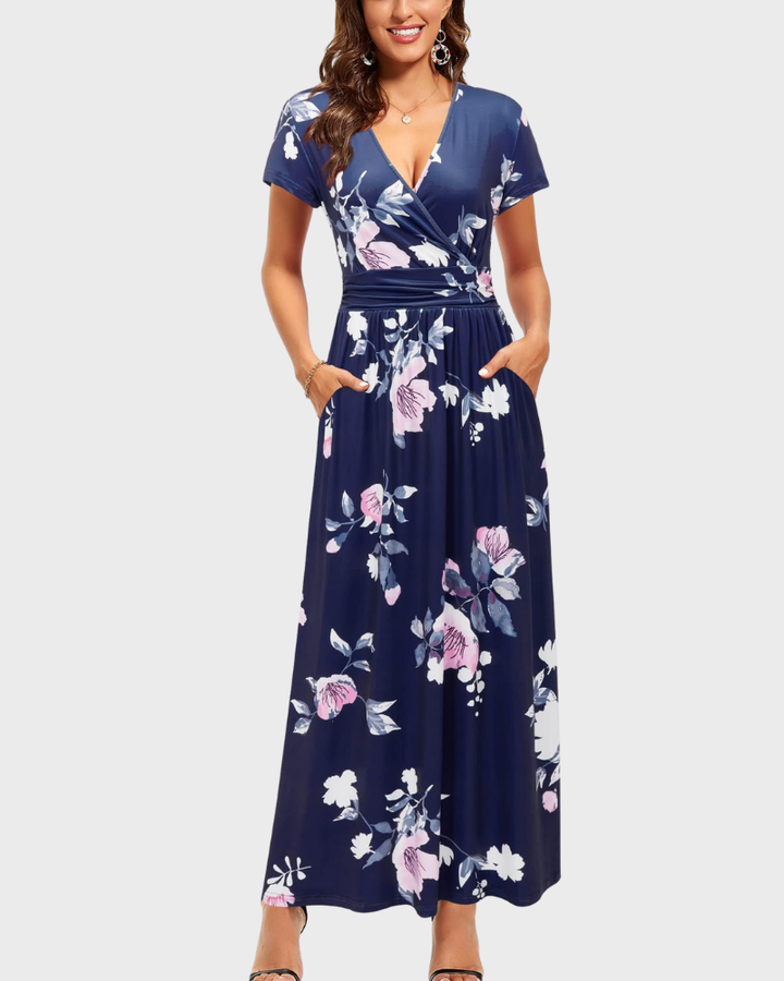 Vestido Maxi Alessia para Mujer – Escote en V, Cruzado Floral y Bolsillos Elegantes Casual