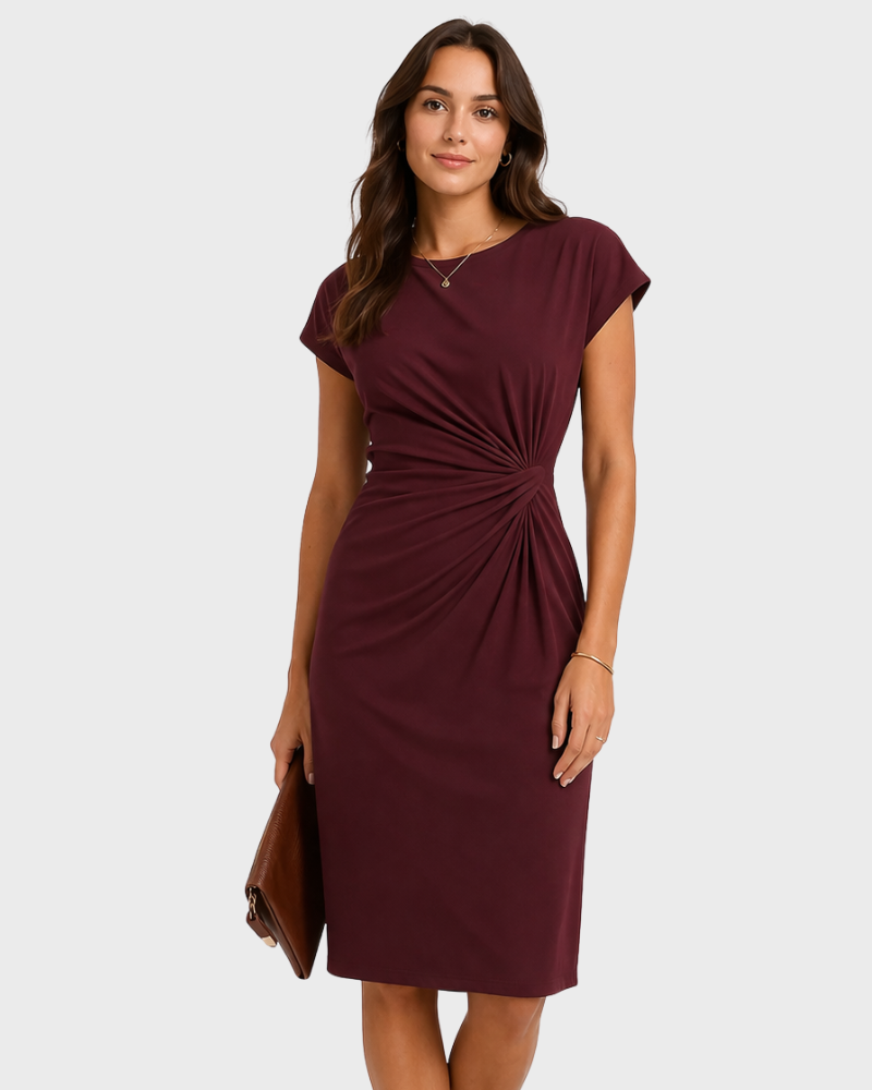 Dana Rochie Damă Elegantă Midi – Rochie cu Guler Rotund, Talie Evidențiată și Drapaj Lateral
