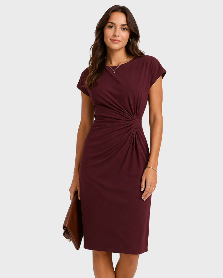 Dana Rochie Damă Elegantă Midi – Rochie cu Guler Rotund, Talie Evidențiată și Drapaj Lateral