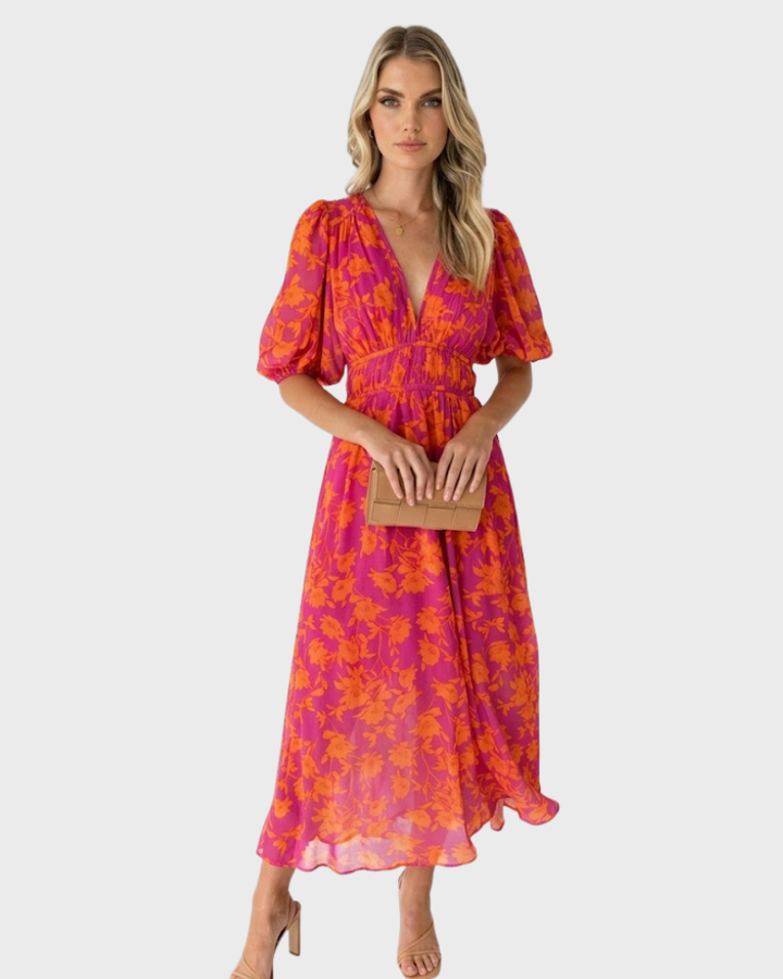 Asun Robe Femme Midi Florale – Robe avec Col en V et Manches Bouffantes Élégante