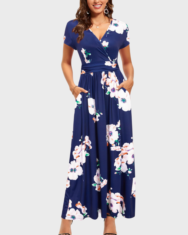 Vestido Maxi Alessia para Mujer – Escote en V, Cruzado Floral y Bolsillos Elegantes Casual