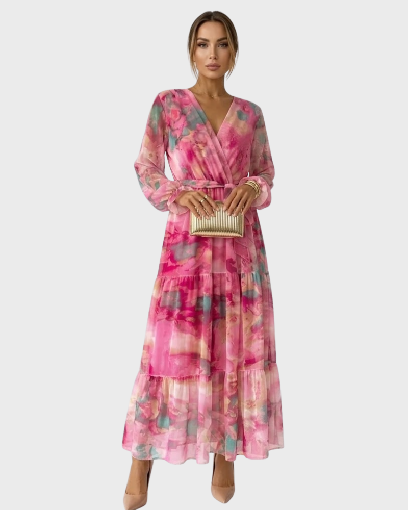 Kaelis Women's Elegant Maxi Dress – V-Neck, Pleated Ruffle, and Belted Dress