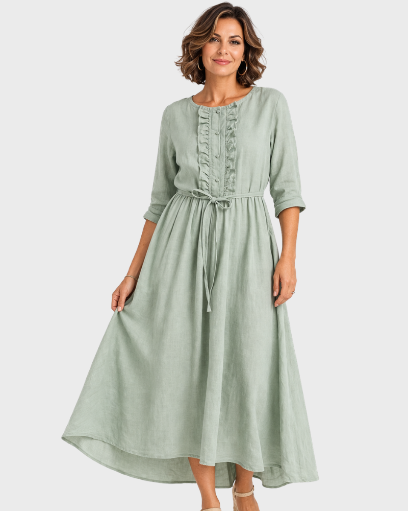Edwina Damen-Midikleid – Baumwolle Leinen, Verstellbarer Verschluss & Eleganter Sommerstil