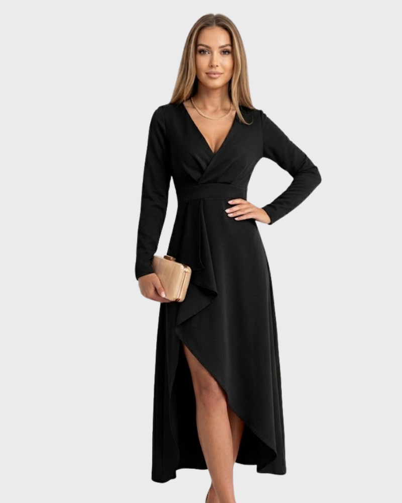 Nélida Γυναικείο Midi Φόρεμα Elegant – Φόρεμα με Σταυρωτό V-Λαιμόκοψη και Ασύμμετρο Τελείωμα