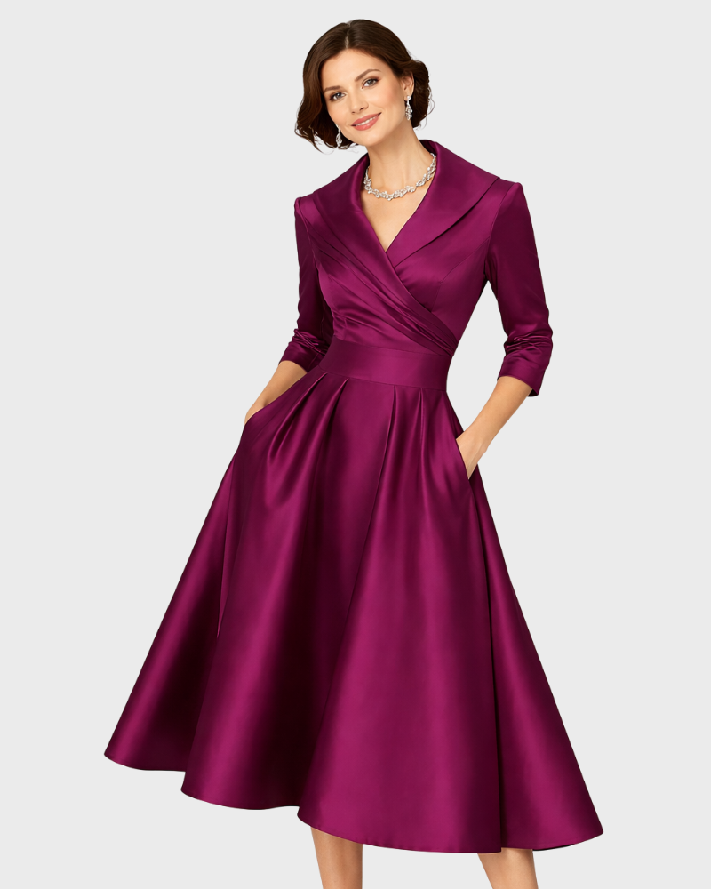 Lyka Vestido Midi Elegante para Mujer – Vestido Ajustado y Acampanado con Cuello Chal y Bolsillos