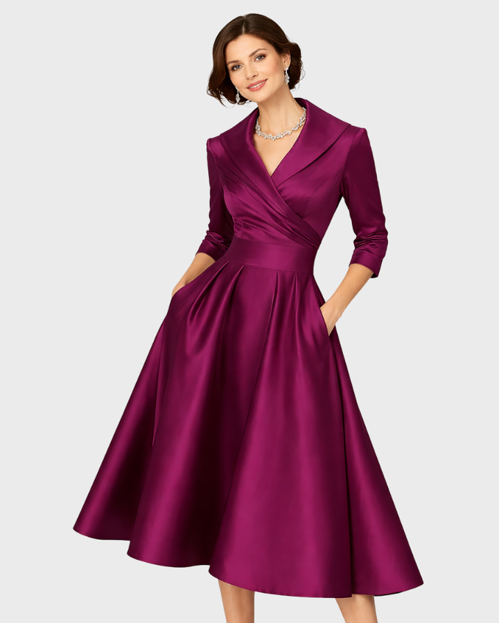 Lyka Vestido Midi Elegante para Mujer – Vestido Ajustado y Acampanado con Cuello Chal y Bolsillos