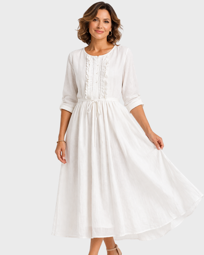 Edwina Damen-Midikleid – Baumwolle Leinen, Verstellbarer Verschluss & Eleganter Sommerstil
