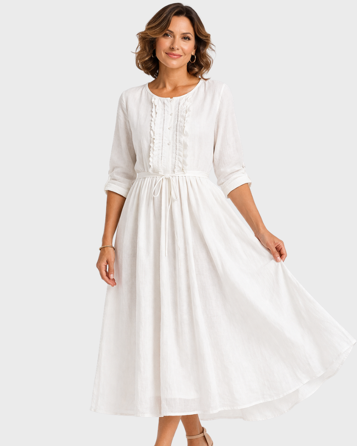 Edwina Damen-Midikleid – Baumwolle Leinen, Verstellbarer Verschluss & Eleganter Sommerstil