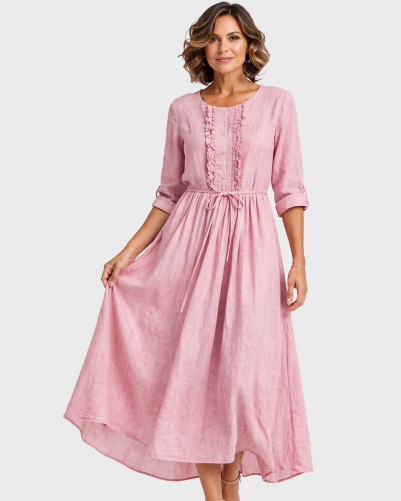 Edwina Damen-Midikleid – Baumwolle Leinen, Verstellbarer Verschluss & Eleganter Sommerstil