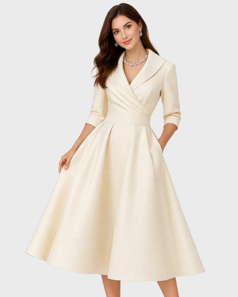 Lyka Vestido Midi Elegante para Mujer – Vestido Ajustado y Acampanado con Cuello Chal y Bolsillos