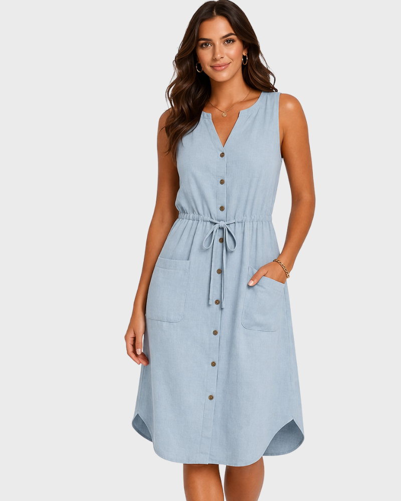 Vanessa Women's Summer Dress – V-Neck, Sleeveless & Adjustable Waist Elegant