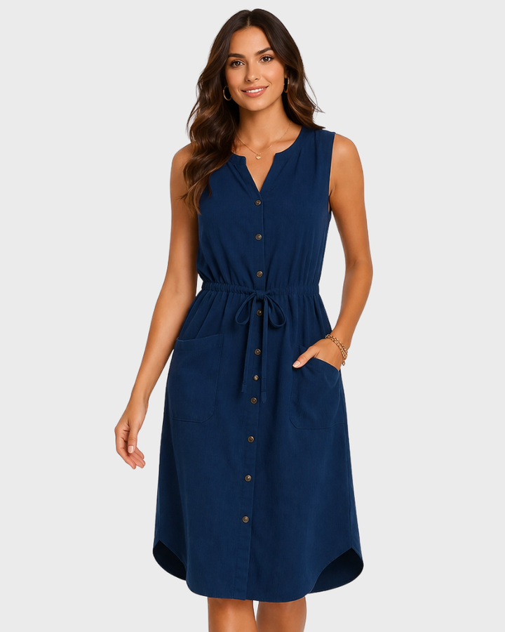 Vanessa Women's Summer Dress – V-Neck, Sleeveless & Adjustable Waist Elegant