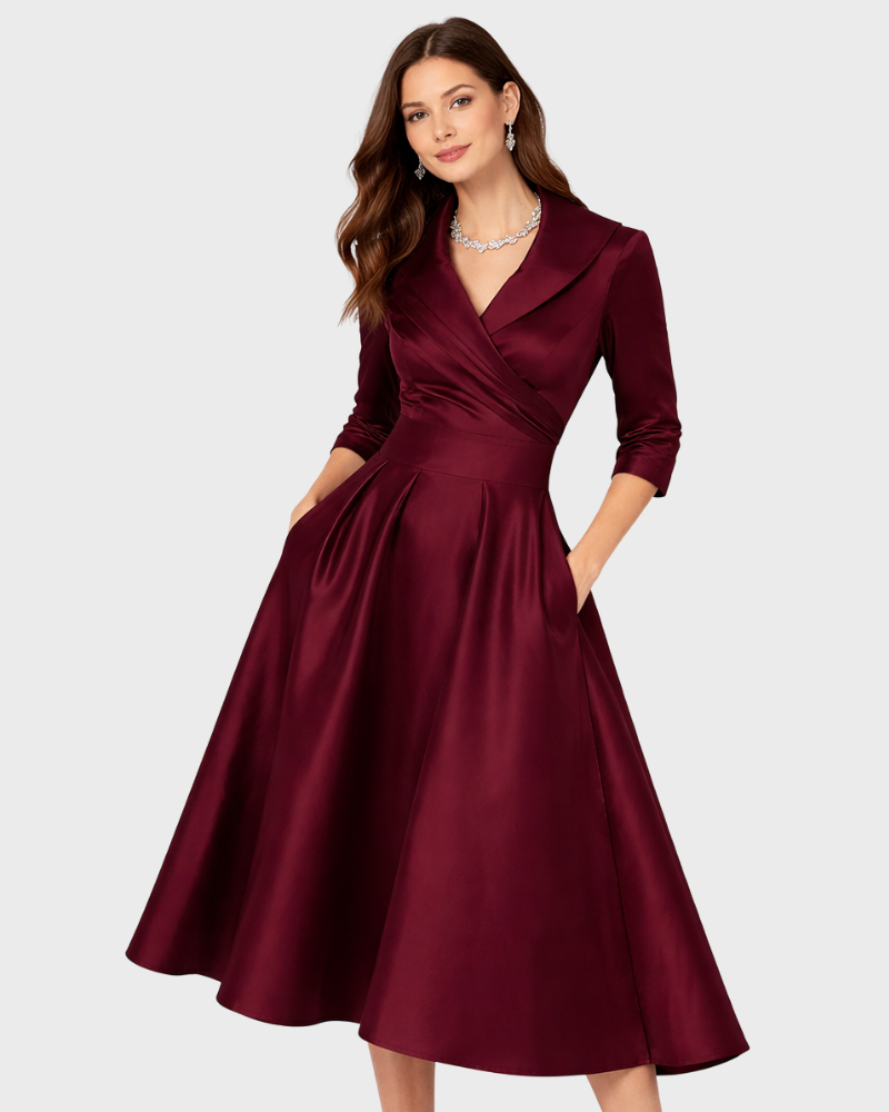 Lyka Vestido Midi Elegante para Mujer – Vestido Ajustado y Acampanado con Cuello Chal y Bolsillos