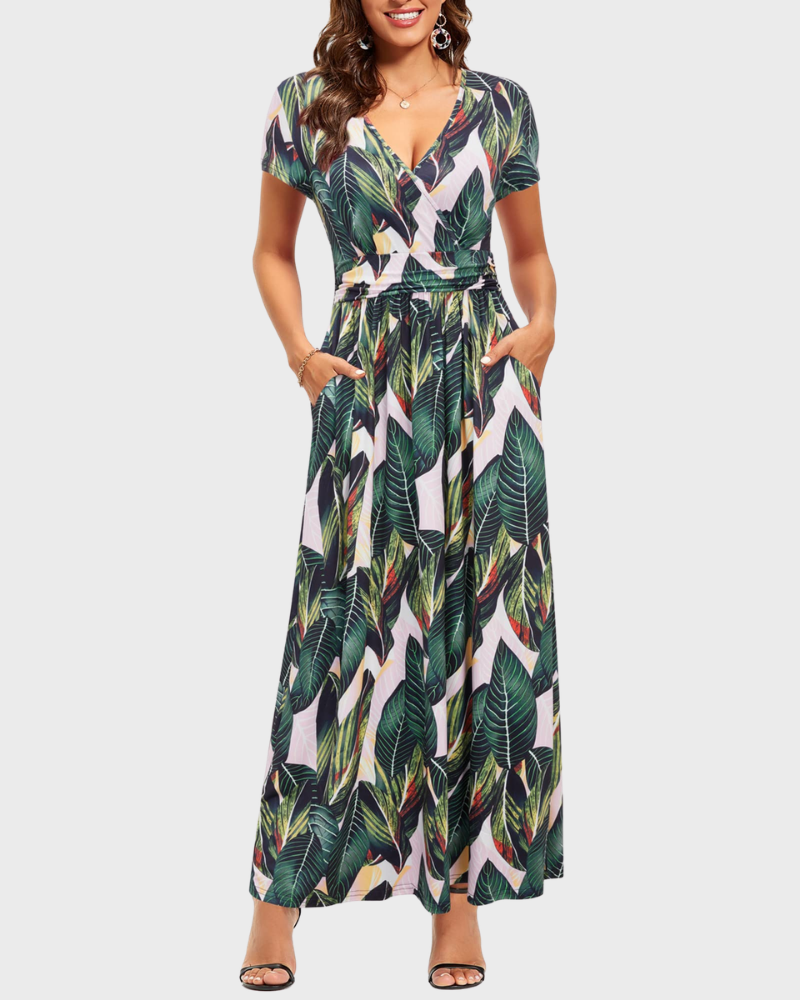 Vestido Maxi Alessia para Mujer – Escote en V, Cruzado Floral y Bolsillos Elegantes Casual