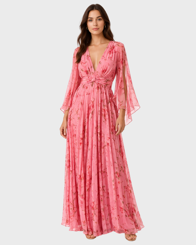 Nadya Vestido Maxi Floral para Mujer – Vestido Elegante con Mangas Largas y Cintura Alta