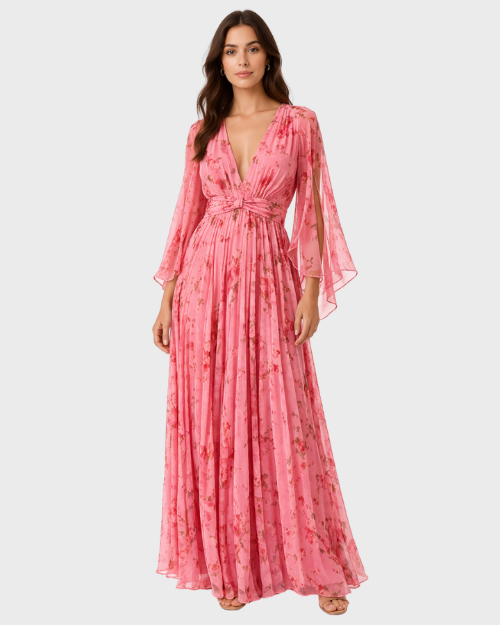 Nadya Vestido Maxi Floral para Mujer – Vestido Elegante con Mangas Largas y Cintura Alta