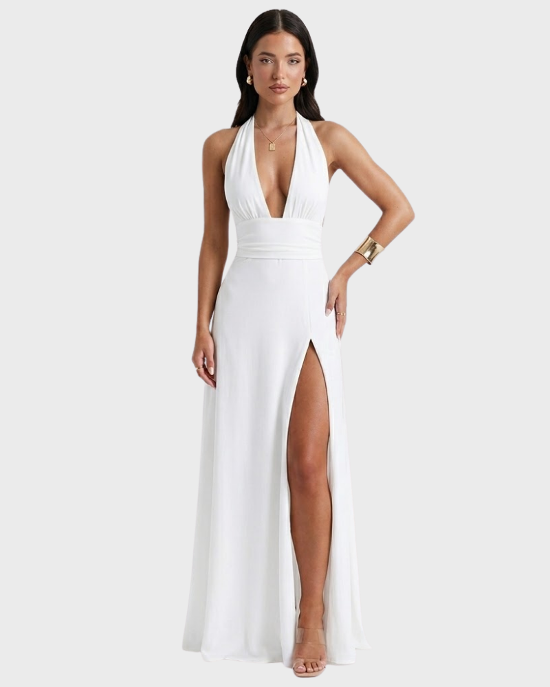 Angel Vestido Maxi Elegante para Mujer – Vestido Halter con Escote Profundo y Abertura Alta