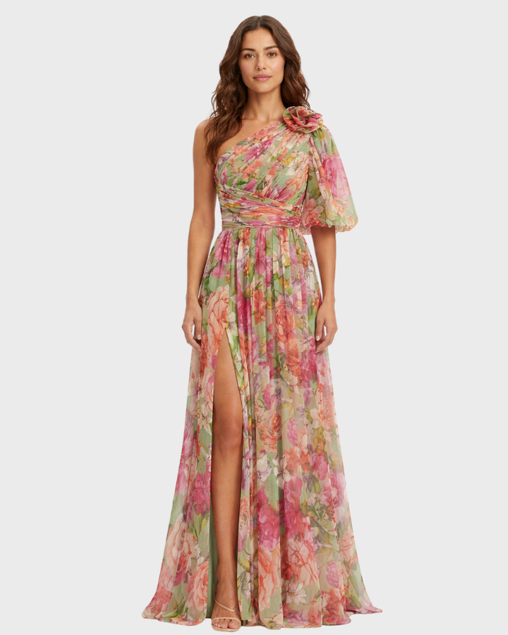Audrey Vestido de Mujer con Un Solo Hombro Floral – Vestido Elegante Fluido de Verano Chic