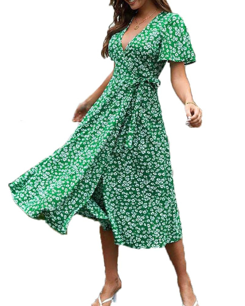 Giulia Vestido Midi Mujer – Escote en V, Cruzado Floral y Línea A Elegante de Verano