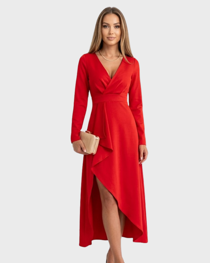 Nélida Γυναικείο Midi Φόρεμα Elegant – Φόρεμα με Σταυρωτό V-Λαιμόκοψη και Ασύμμετρο Τελείωμα