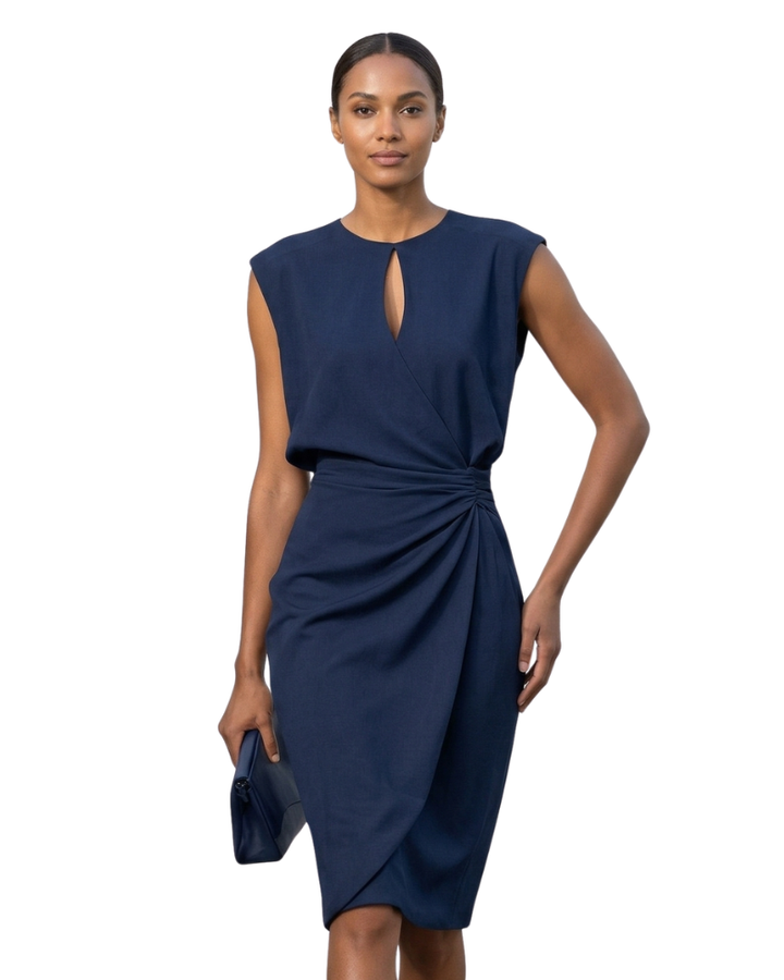 Gaia Vestido Midi Elegante para Mujer – Vestido con Escote en Gota y Drapeado Lateral