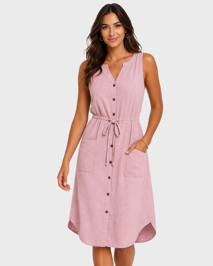 Vanessa Women's Summer Dress – V-Neck, Sleeveless & Adjustable Waist Elegant