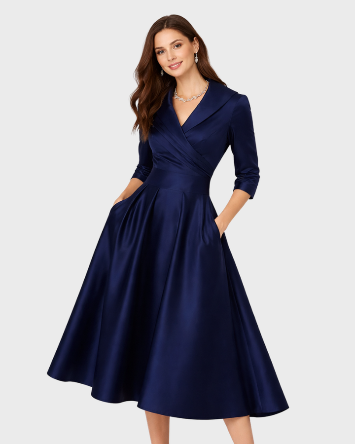 Lyka Vestido Midi Elegante para Mujer – Vestido Ajustado y Acampanado con Cuello Chal y Bolsillos