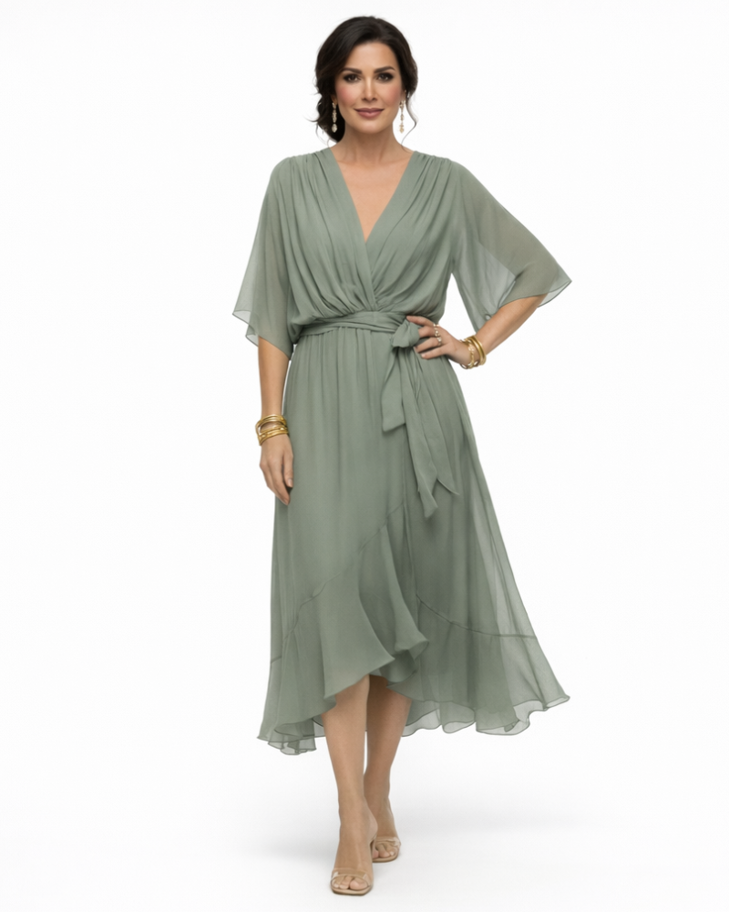 Stella Vestido Midi Elegante para Mujer – Vestido con Escote en V y Cintura Ajustable Fluido