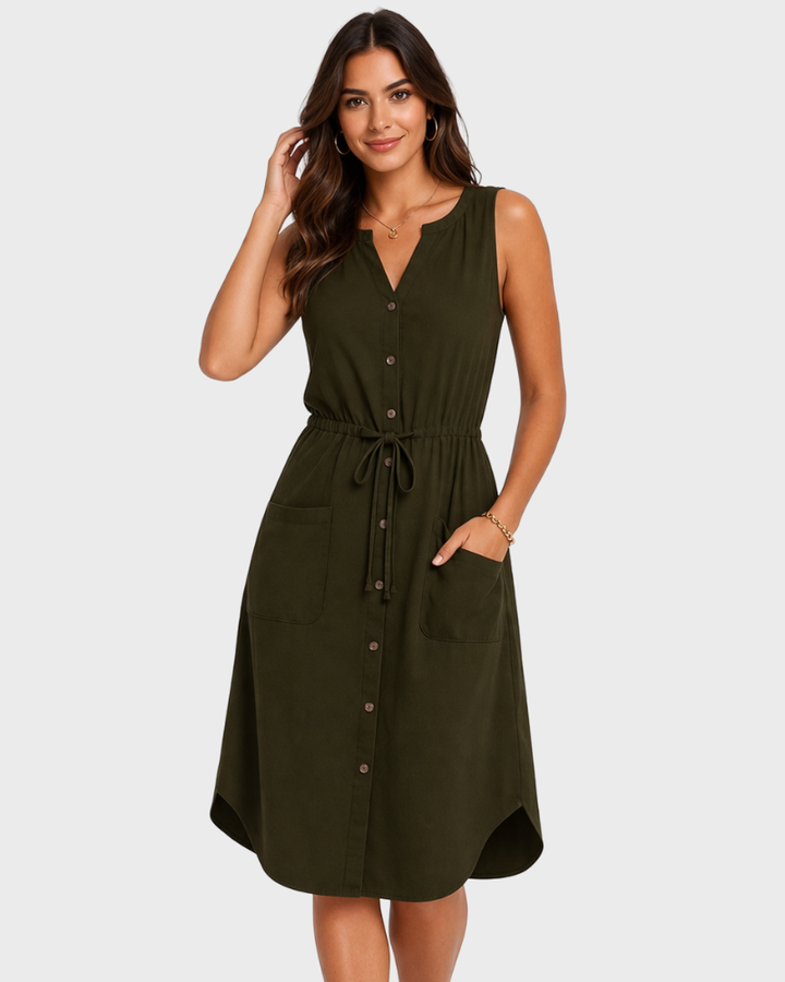 Vanessa Women's Summer Dress – V-Neck, Sleeveless & Adjustable Waist Elegant
