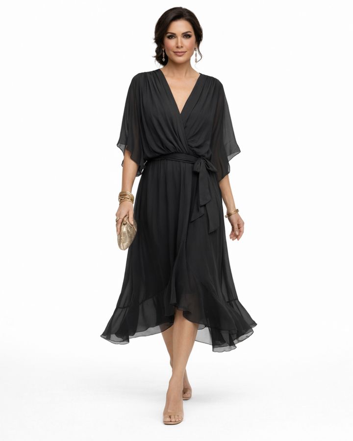 Stella Vestido Midi Elegante para Mujer – Vestido con Escote en V y Cintura Ajustable Fluido