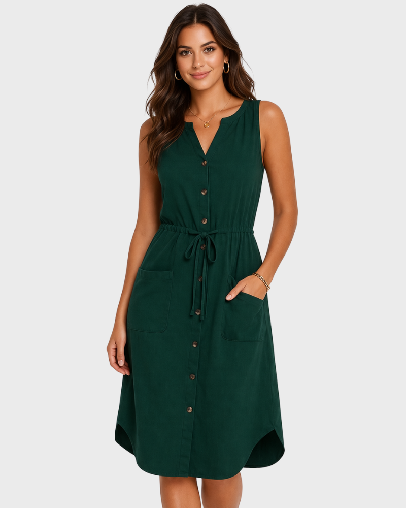 Vanessa Women's Summer Dress – V-Neck, Sleeveless & Adjustable Waist Elegant