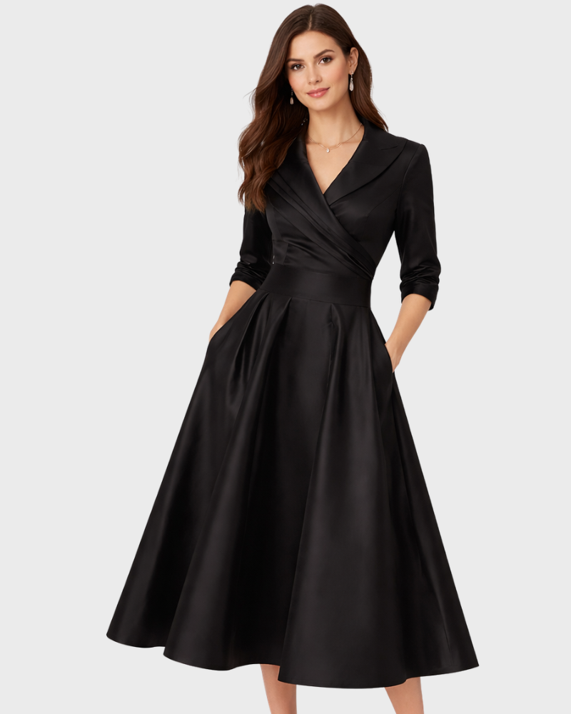 Lyka Vestido Midi Elegante para Mujer – Vestido Ajustado y Acampanado con Cuello Chal y Bolsillos