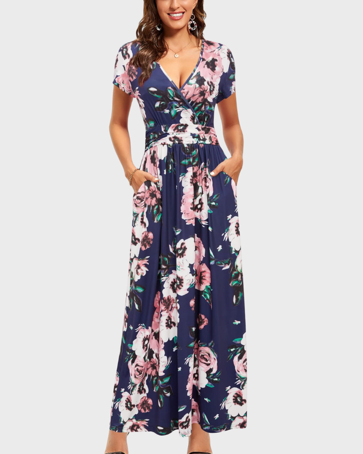 Vestido Maxi Alessia para Mujer – Escote en V, Cruzado Floral y Bolsillos Elegantes Casual