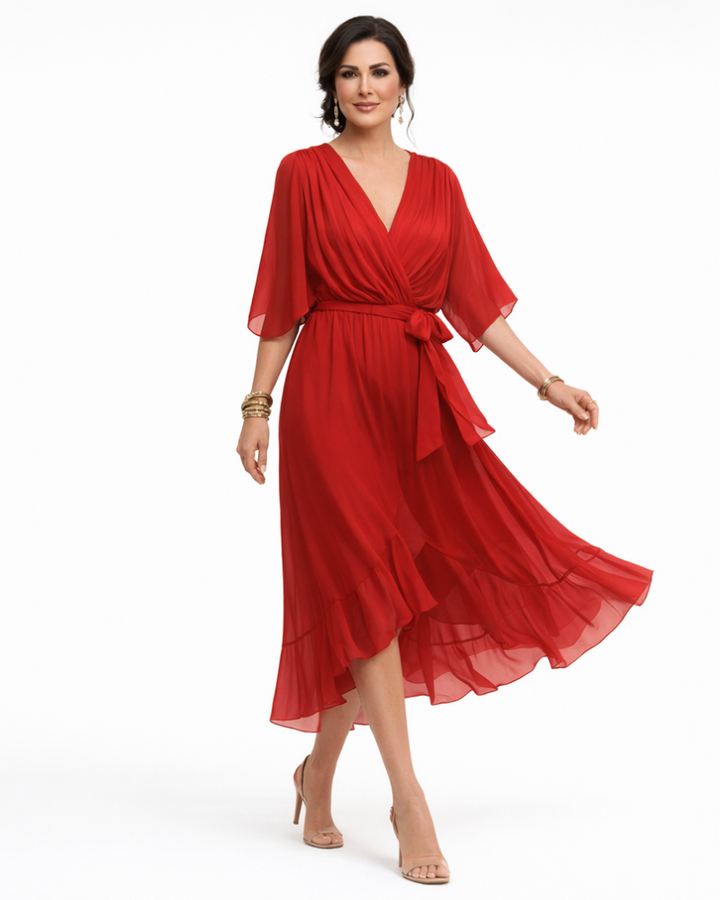 Stella Vestido Midi Elegante para Mujer – Vestido con Escote en V y Cintura Ajustable Fluido