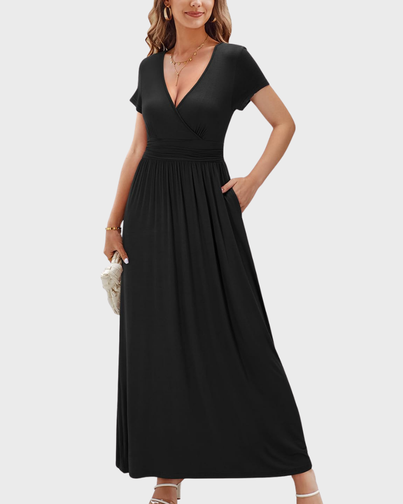 Vestido Maxi Alessia para Mujer – Escote en V, Cruzado Floral y Bolsillos Elegantes Casual