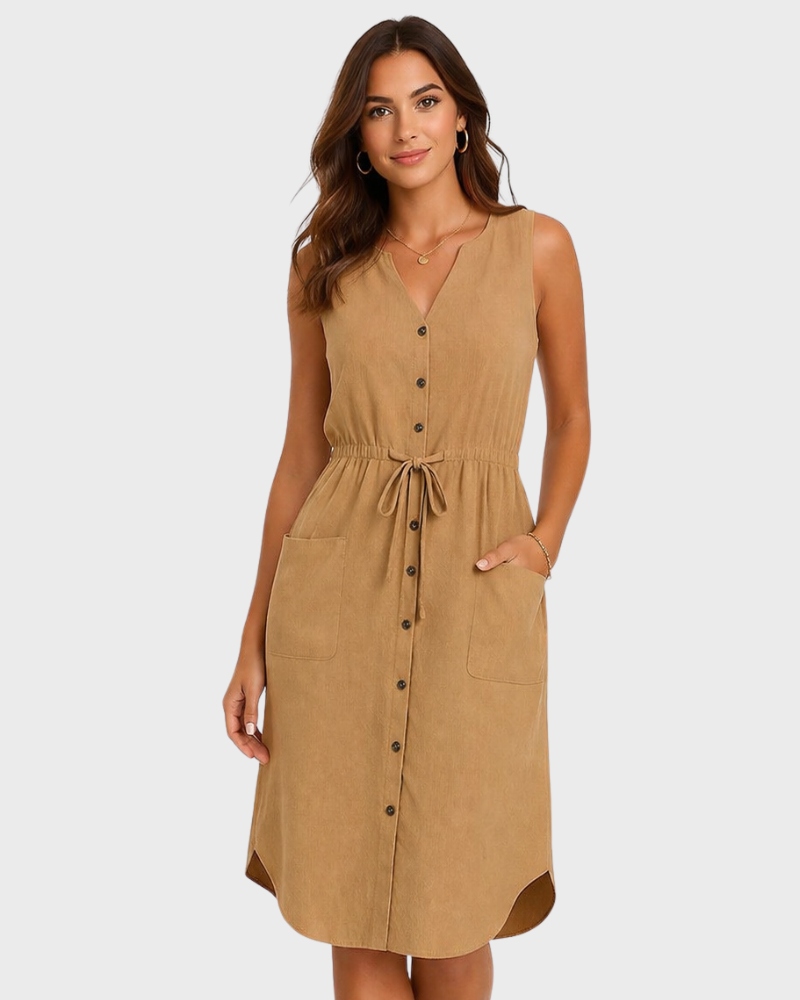Vanessa Women's Summer Dress – V-Neck, Sleeveless & Adjustable Waist Elegant