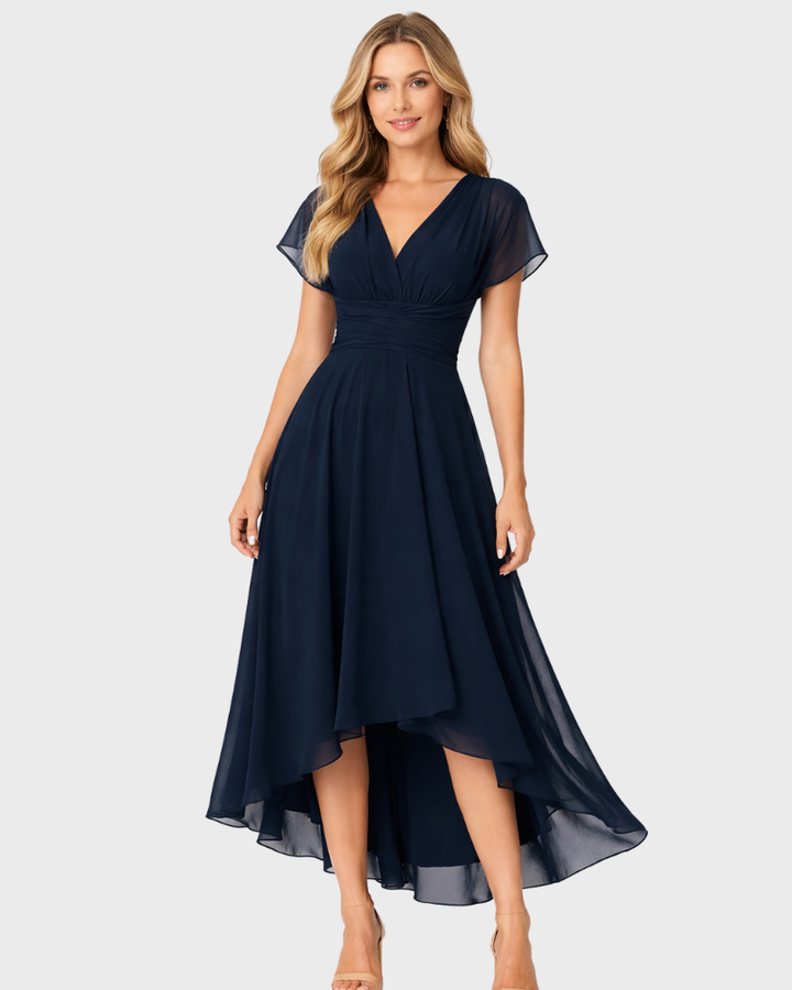 Ishka női midi elegáns ruha – V-nyakú, rövid ujjú, aszimmetrikus szegélyű ruhadarab