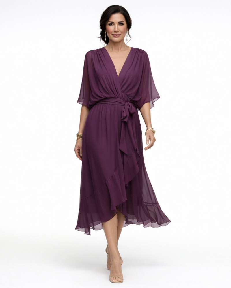 Stella Vestido Midi Elegante para Mujer – Vestido con Escote en V y Cintura Ajustable Fluido